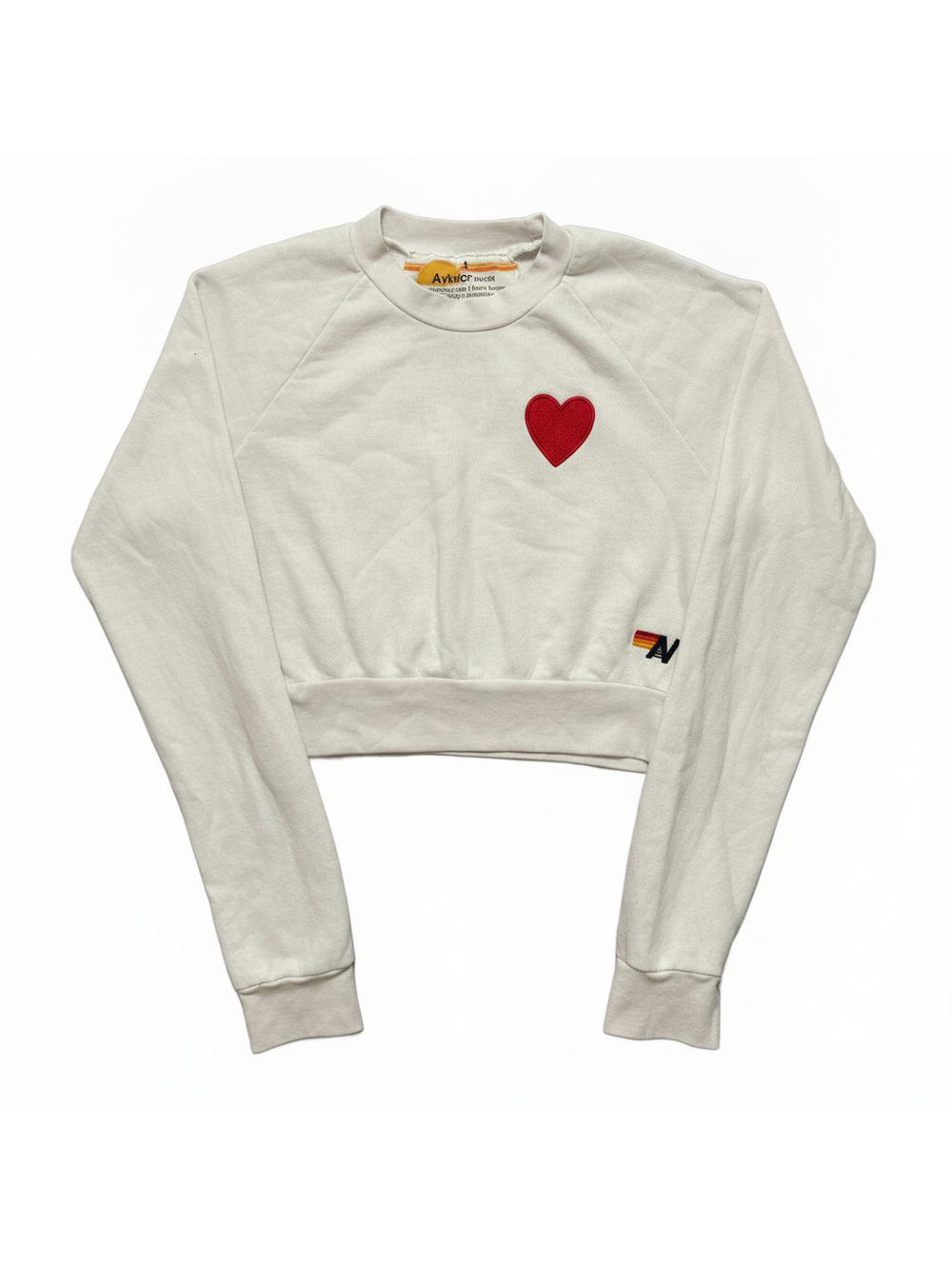Aviator Nation Heart Stitch Crop Crewneck Sweatshirt Women's S White Red